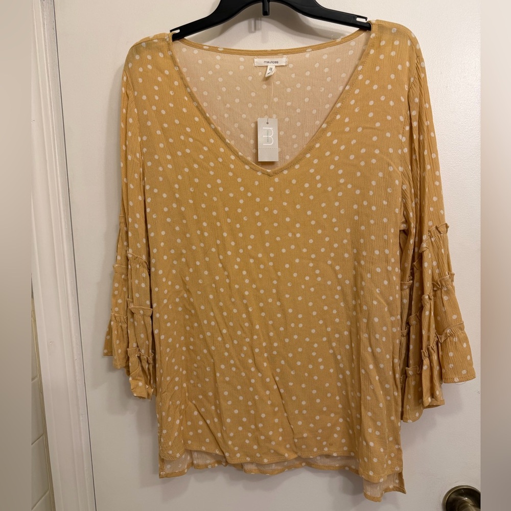 Maurices Mustard Yellow Polka Dot V-Neck Ruffle Sleeve Tunic
